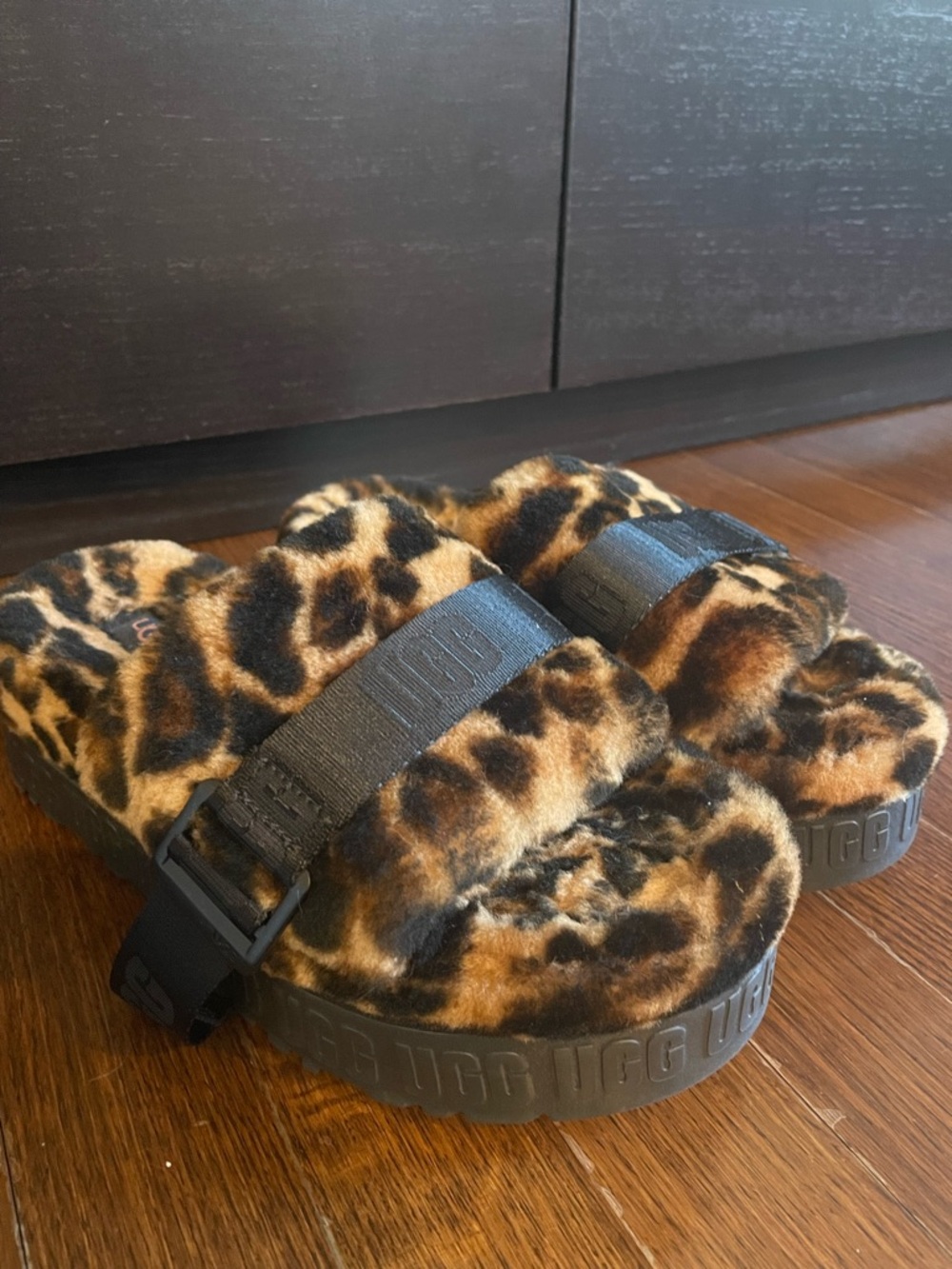 UGG Leopard Faux-Fur Slide Slippers in Brown